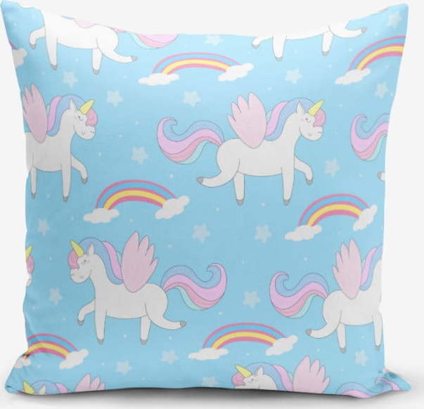 Povlak na polštář s příměsí bavlny Minimalist Cushion Covers Blue Background Unicorn Rainbows
