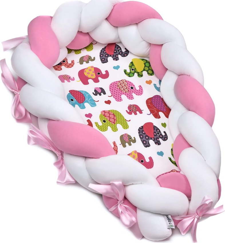 Bavlněné hnízdečko s odnímatelným mantinelem T-TOMI Pink Elephant T-Tomi