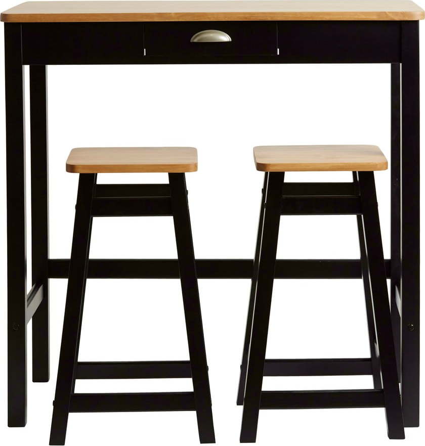 Černý barový stolek se 2 stoličkami z masivního borovicového dřeva Marckeric Caya Marckeric