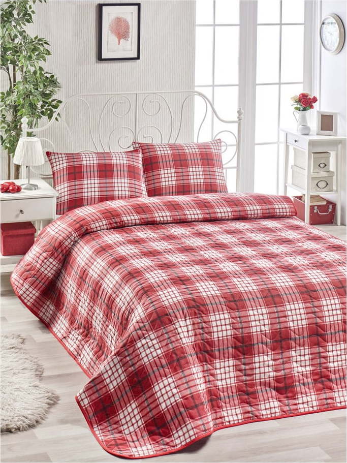 Set bavlněného červeného přehozu přes postel a 2 povlaků na polštáře Harro Mento