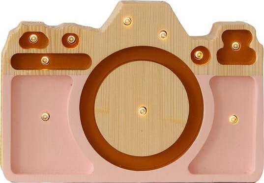 Růžová stolní lampa z borovicového dřeva Little Lights Camera