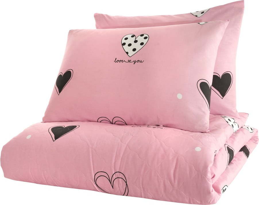 Růžový přehoz přes postel se 2 povlaky na polštář z ranforce bavlny EnLora Home Hati