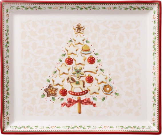 Červeno-béžový porcelánový servírovací talíř s vánočním motivem Villeroy & Boch