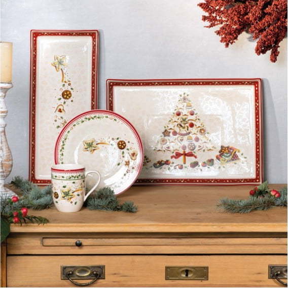 Červeno-béžový porcelánový servírovací talíř s vánočním motivem Villeroy & Boch