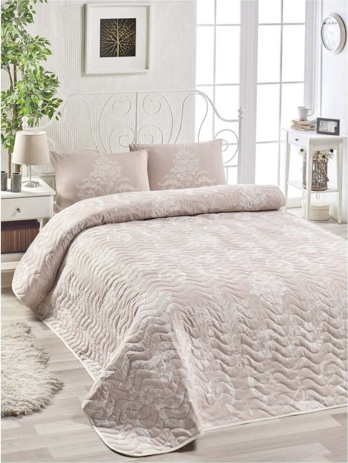 Set přehozu přes postel a 2 povlaků na polštář s příměsí bavlny Mijolnir Kralice Pink