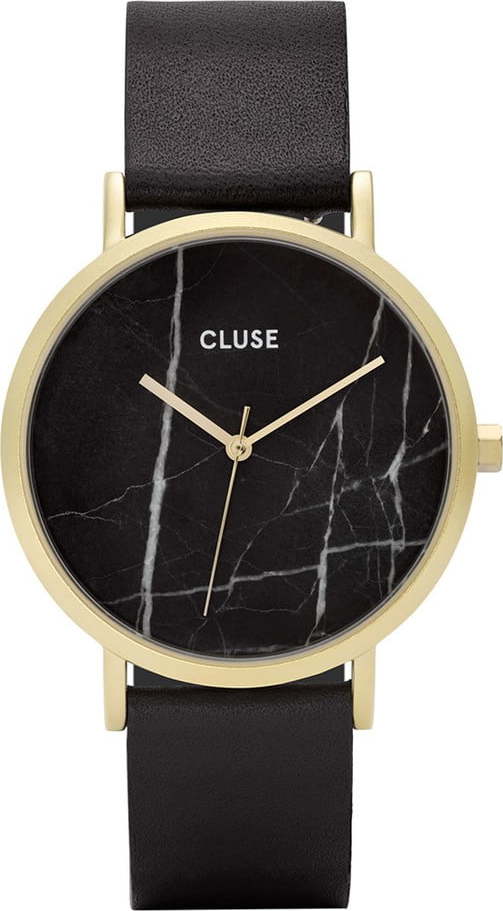 Dámské černé hodinky s koženým řemínkem a mramorovým ciferníkem Cluse La Roche Rose CLUSE