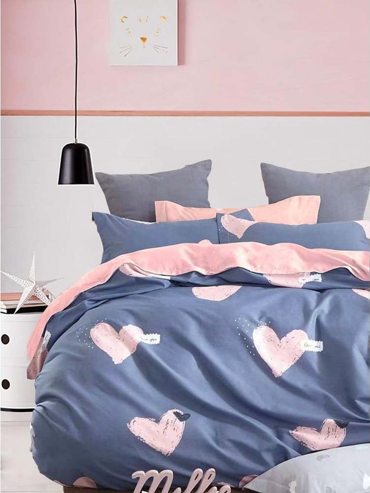 Modro-růžové prodloužené povlečení na dvoulůžko z bavlny Renforcé s prostěradlem/4dílné 200x220 cm Beloved – Mila Home Mila Home