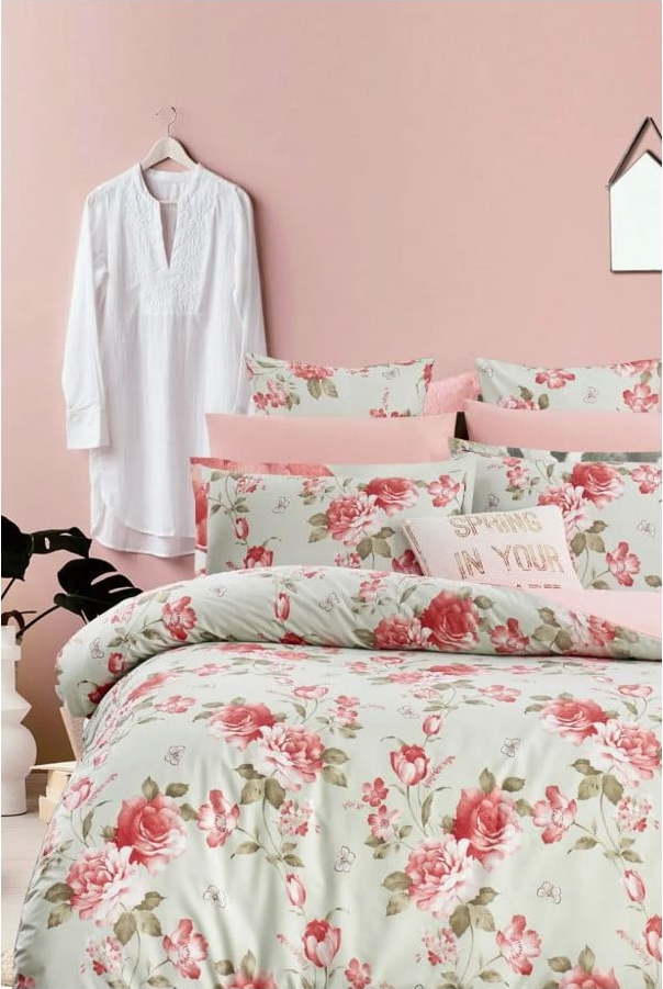 Zeleno-růžové prodloužené povlečení na dvoulůžko z bavlny Renforcé s prostěradlem/4dílné 200x220 cm – Mila Home Mila Home